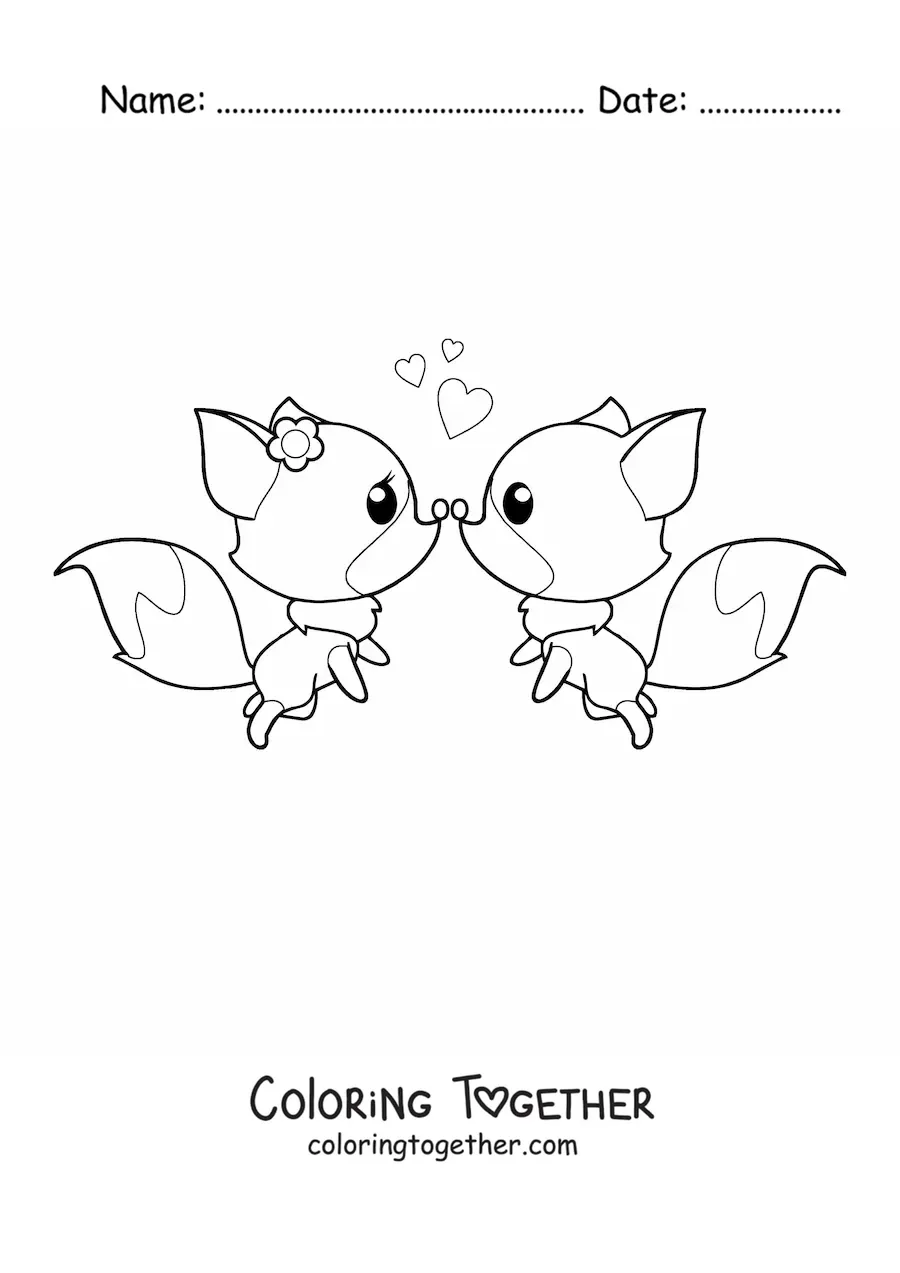 Coloring page of a pair of kawaii foxes