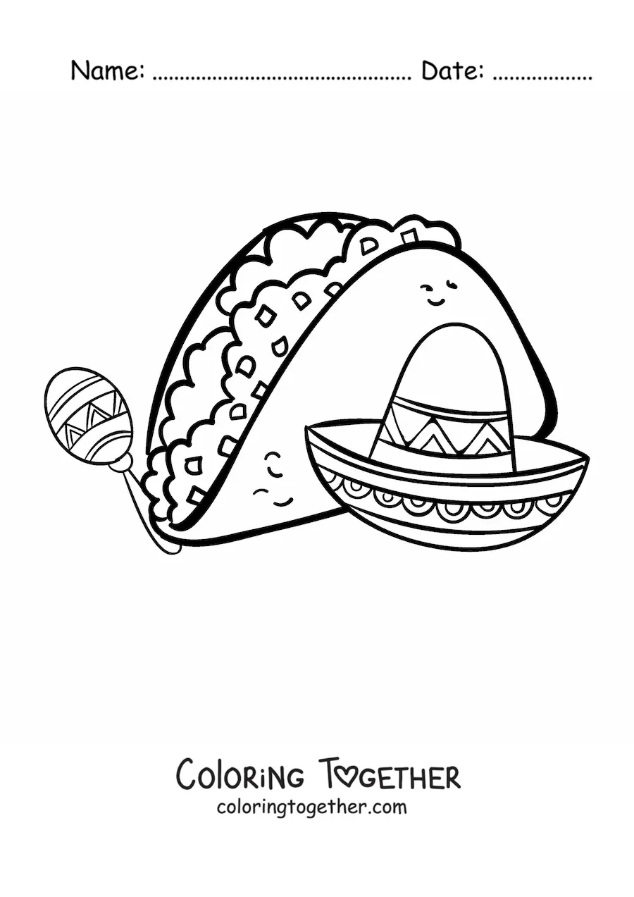 Coloring page of a taco with a Mexican hat and a maraca