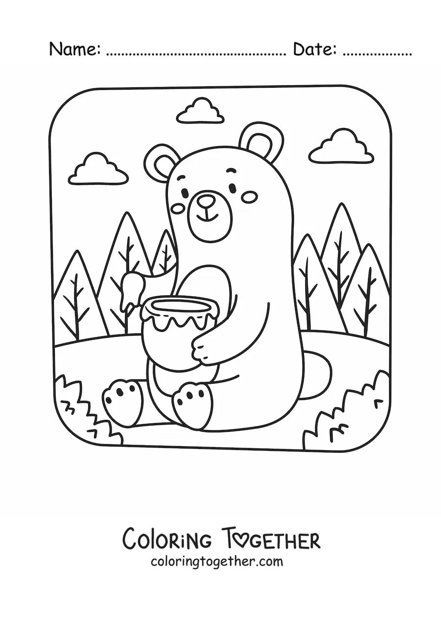 Coloring page of a kawaii bear eating honey
