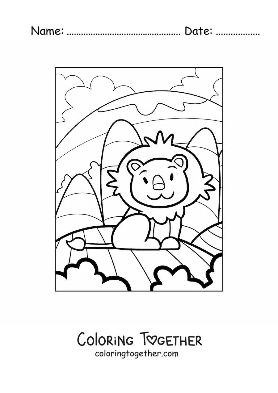 Coloring page of a cartoon lion sitting in a natural landscape