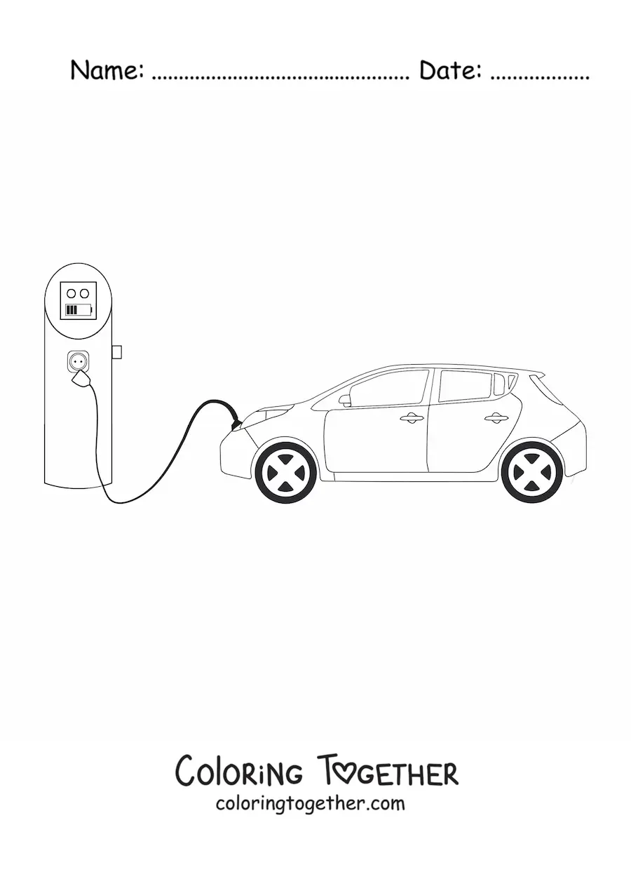Coloring page of an electric car charging at the service station