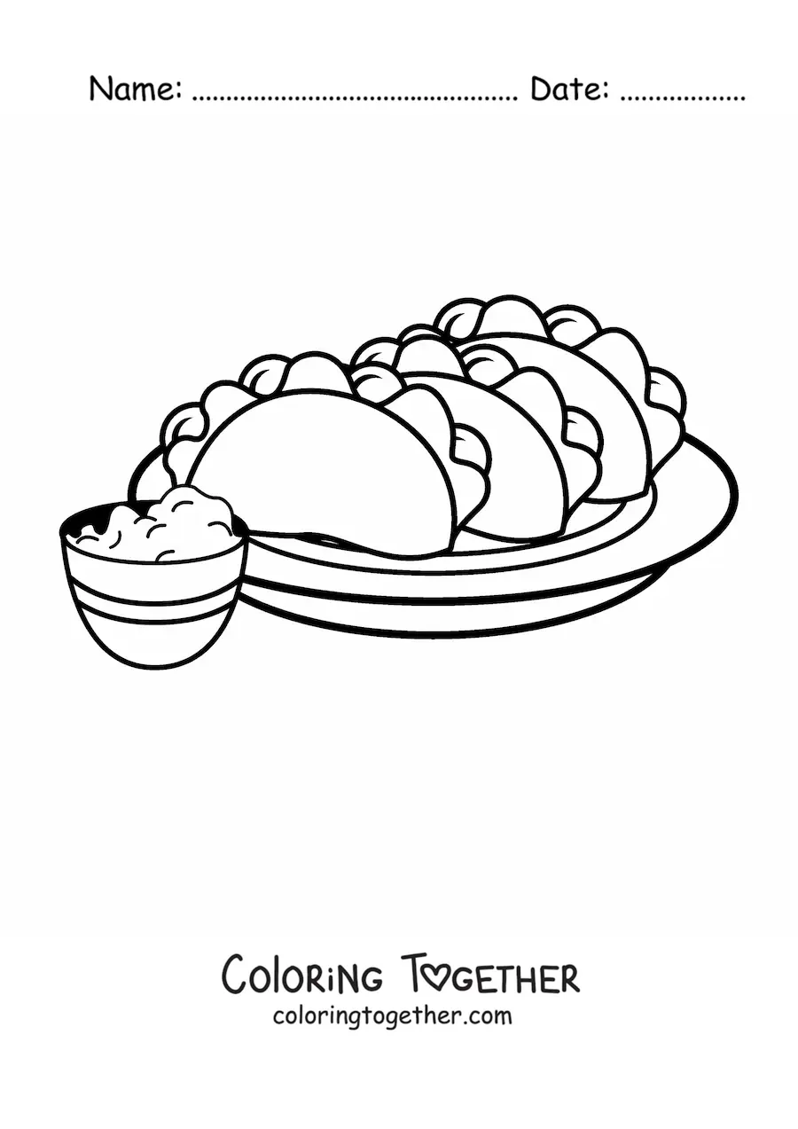 Coloring page of a plate of tacos with guacamole
