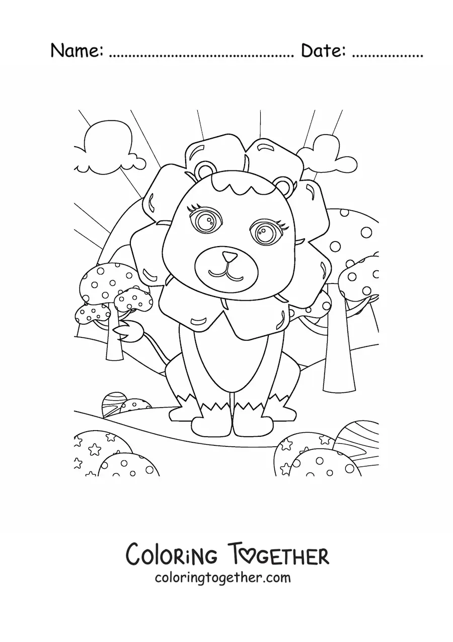 Coloring page of a kawaii lion sitting in a natural landscape