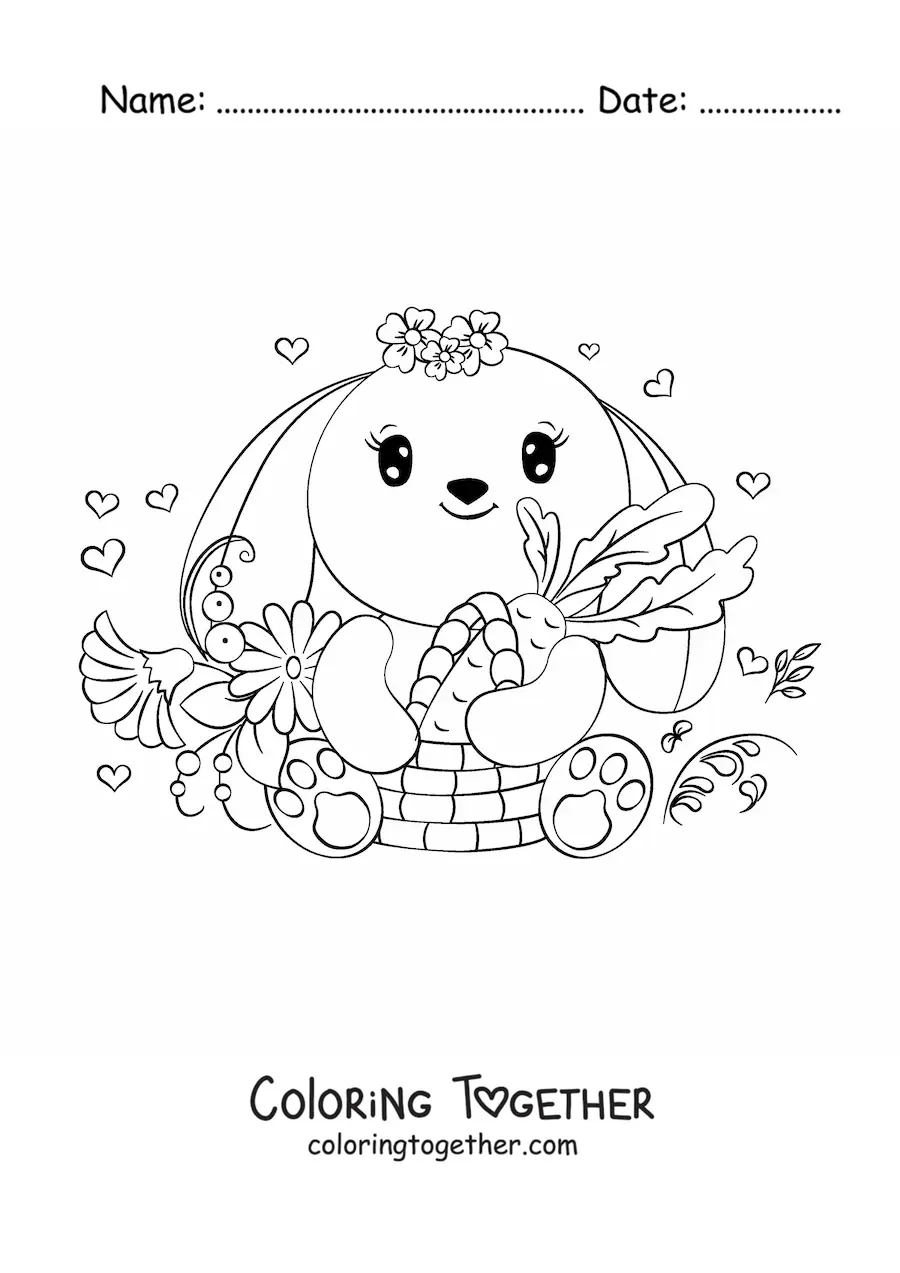 Coloring page of a kawaii rabbit with a carrot and flowers