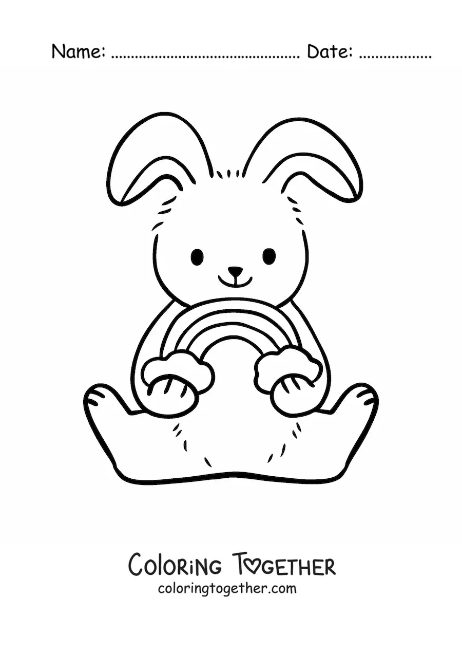 Coloring page of a cute rabbit sitting with a rainbow