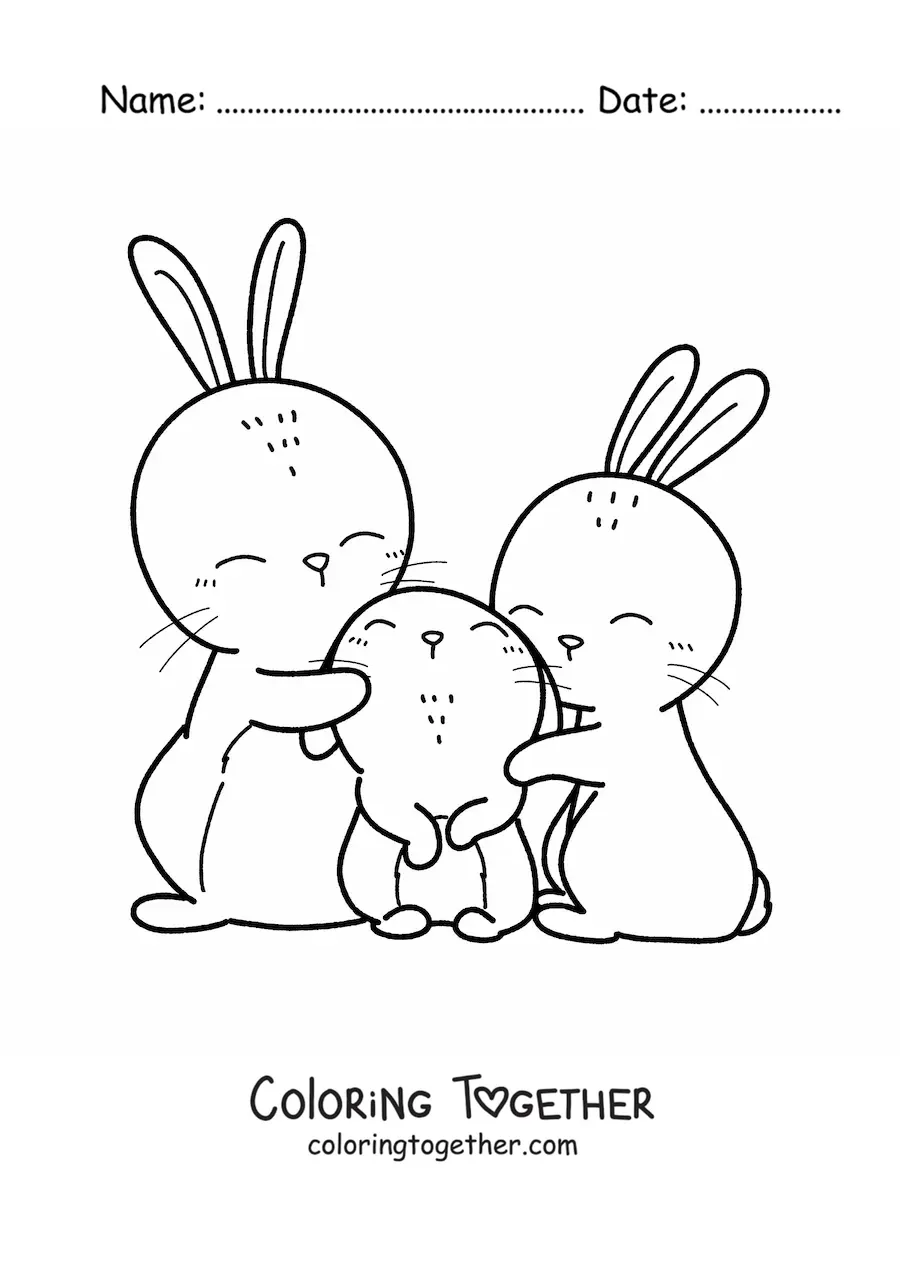 Coloring page of a family of rabbits hugging