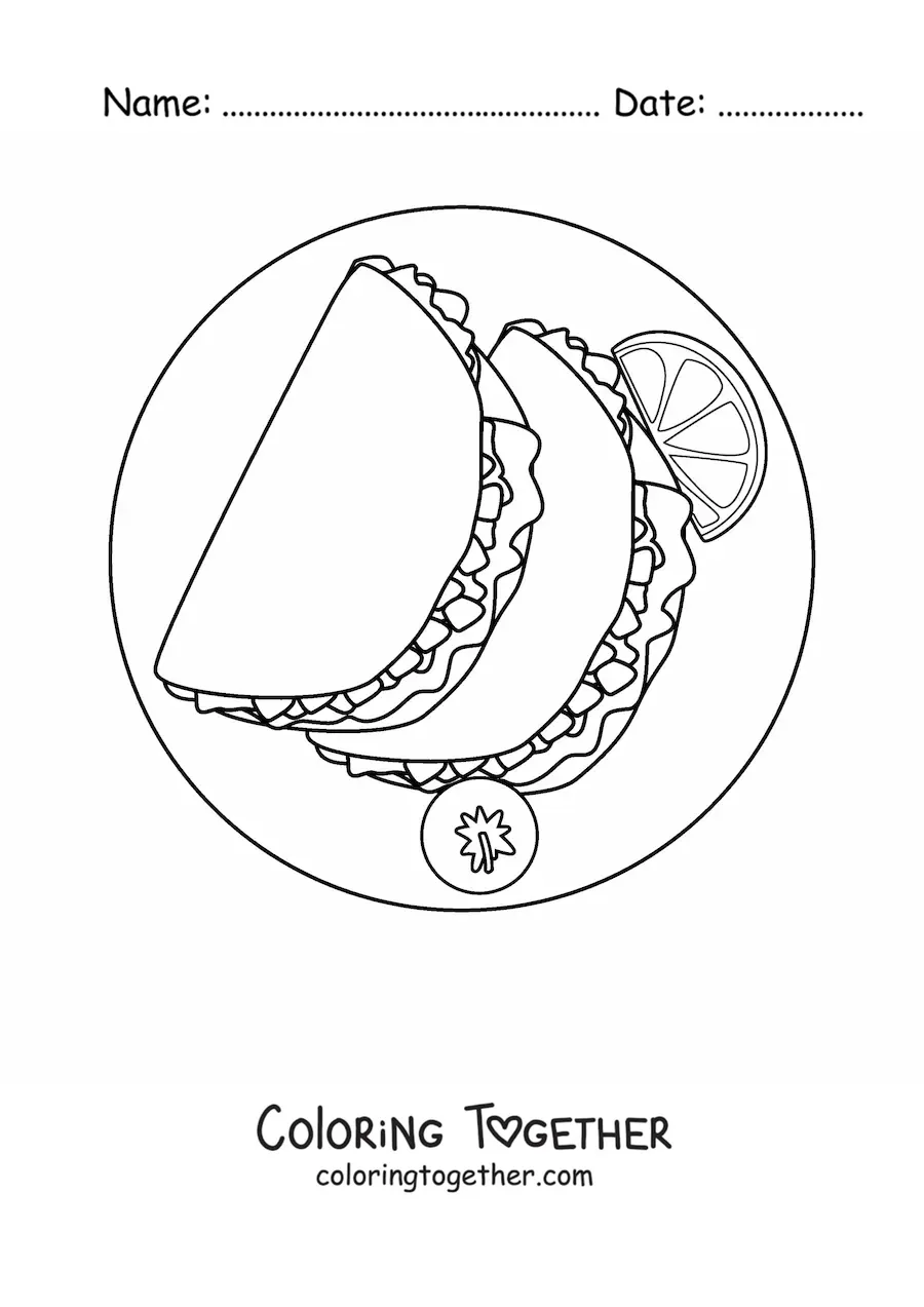 Coloring page of a plate of tacos with a tomato and a wedge of lime