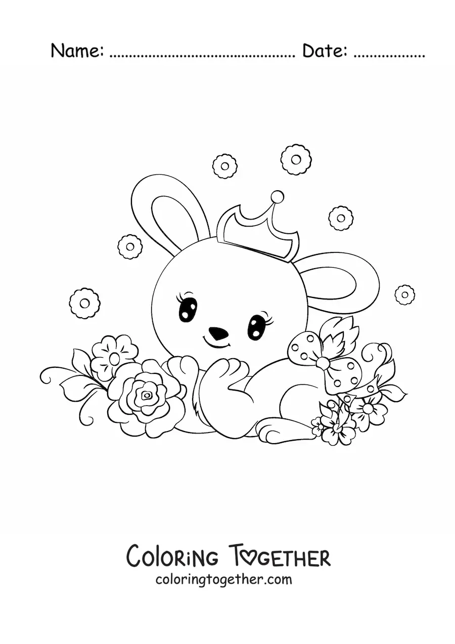 Coloring page of a kawaii rabbit with a crown and flowers