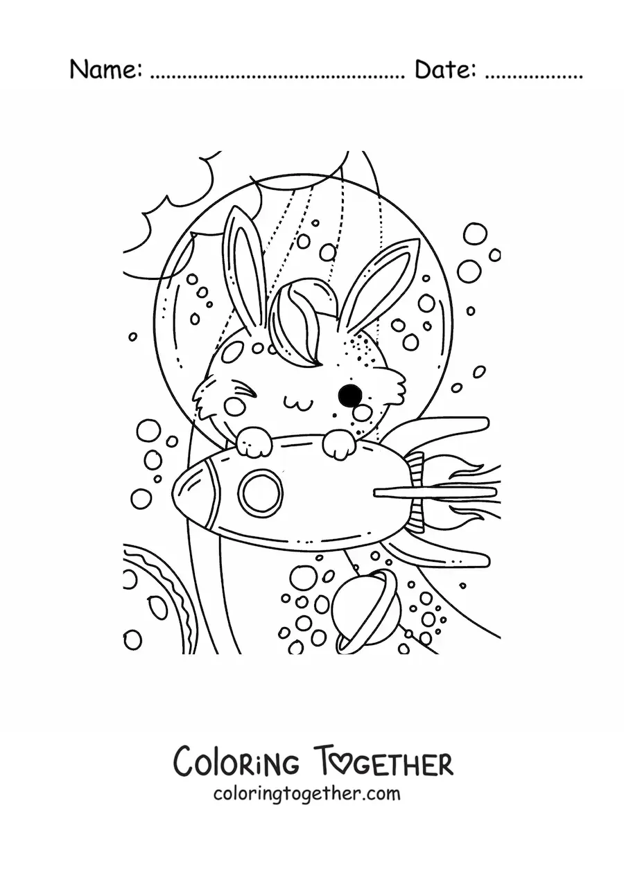 Coloring page of a cartoon rabbit on a rocket in space