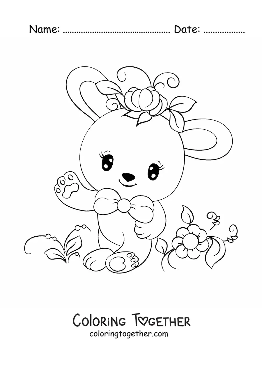 Coloring page of a kawaii cartoon rabbit with flowers