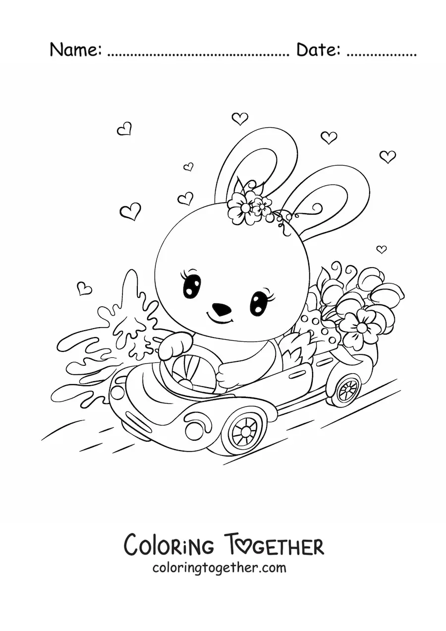 Coloring page of a kawaii rabbit in a car