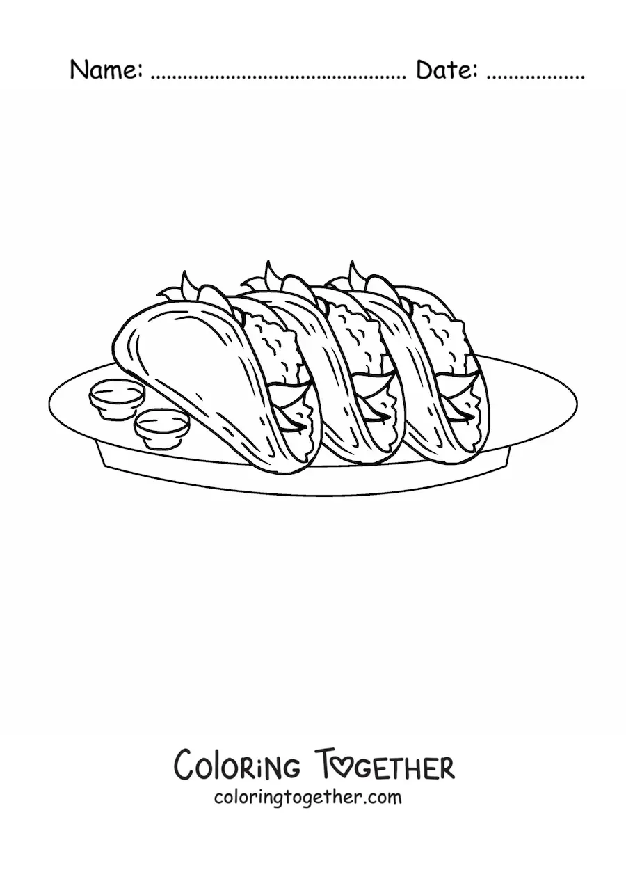 Coloring page of a plate of tacos with sauces