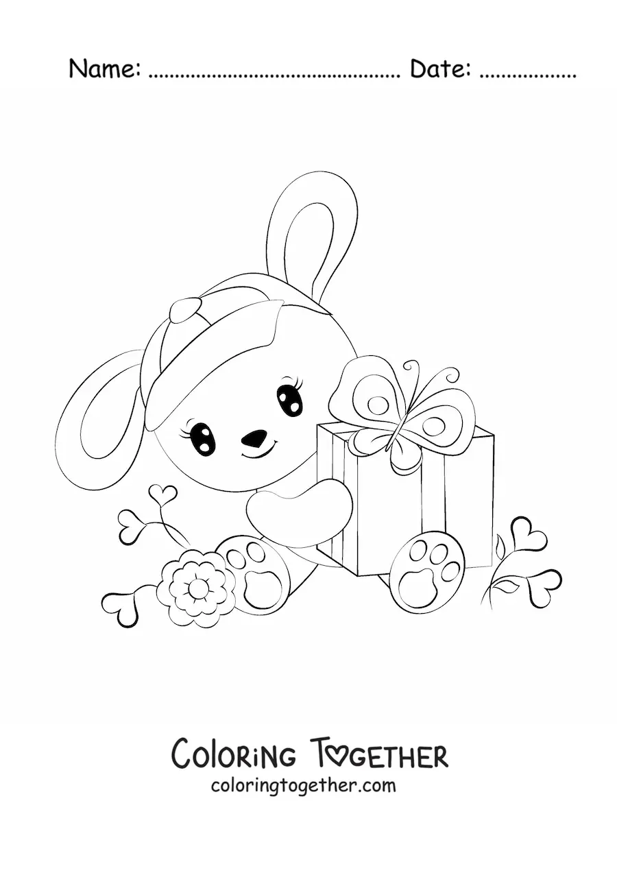 Coloring page of a kawaii rabbit with a gift
