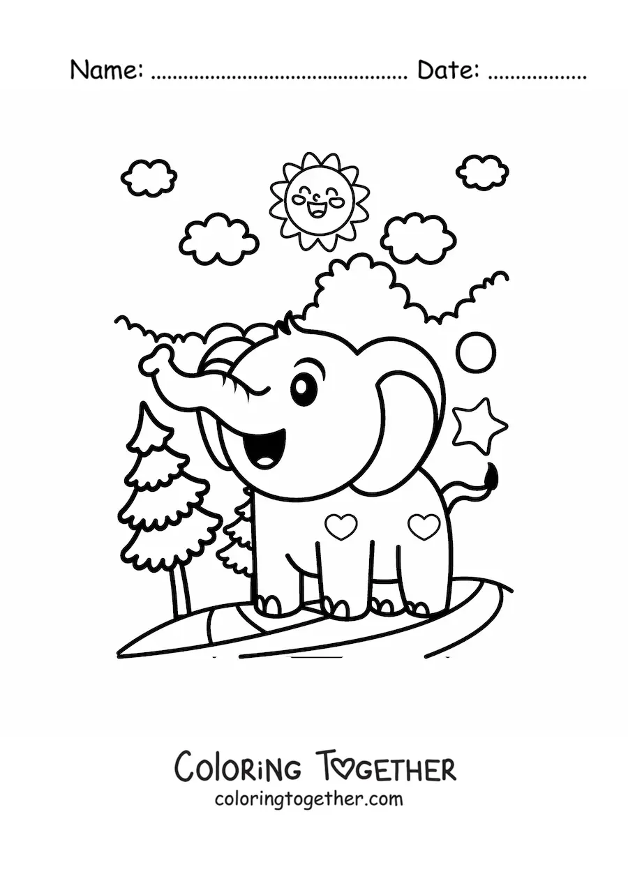 Coloring page of a kawaii baby elephant in the jungle
