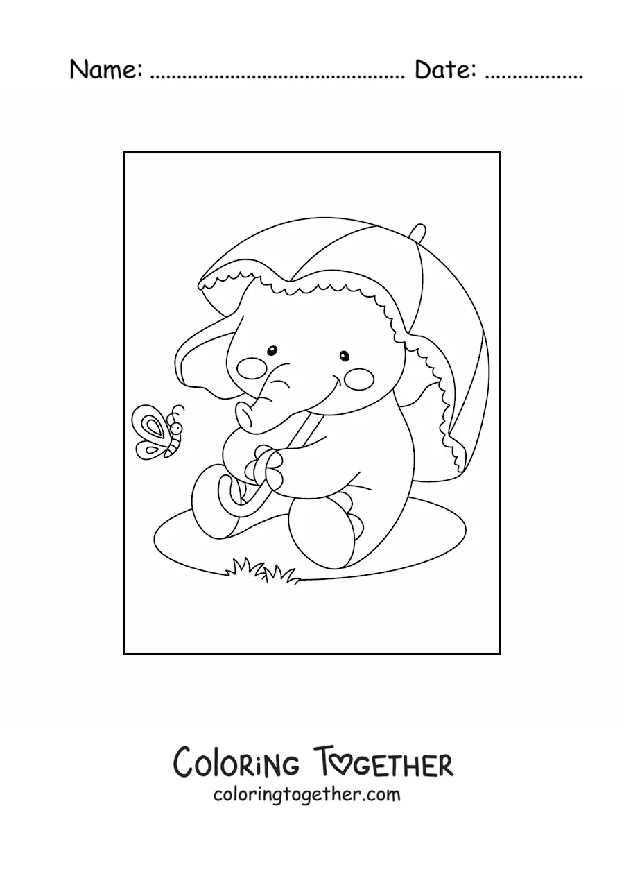 Coloring page of a kawaii baby elephant sitting with a butterfly
