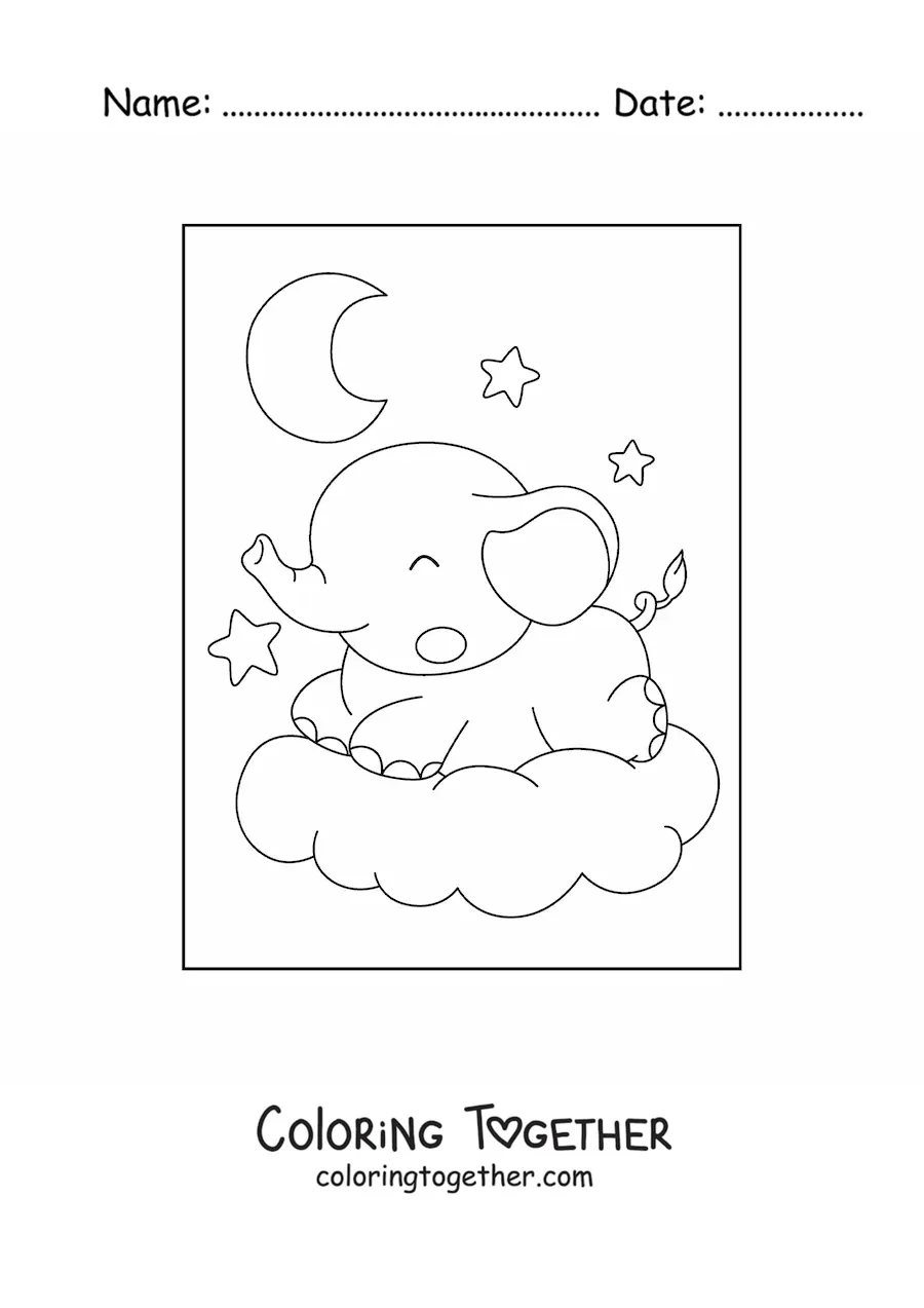Coloring page of a kawaii baby elephant sleeping