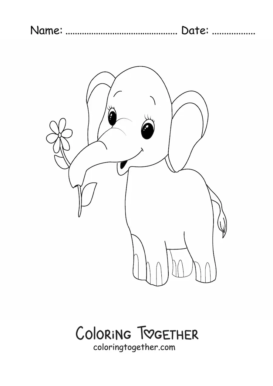 Coloring page of a cute baby elephant with a flower