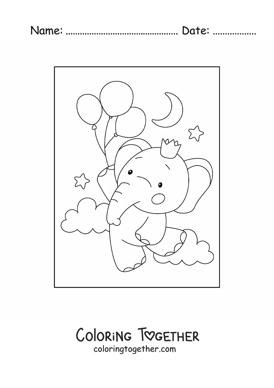 Coloring page of a kawaii baby elephant with balloons