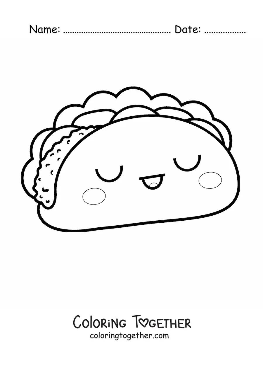 Coloring page of a kawaii taco with its eyes closed