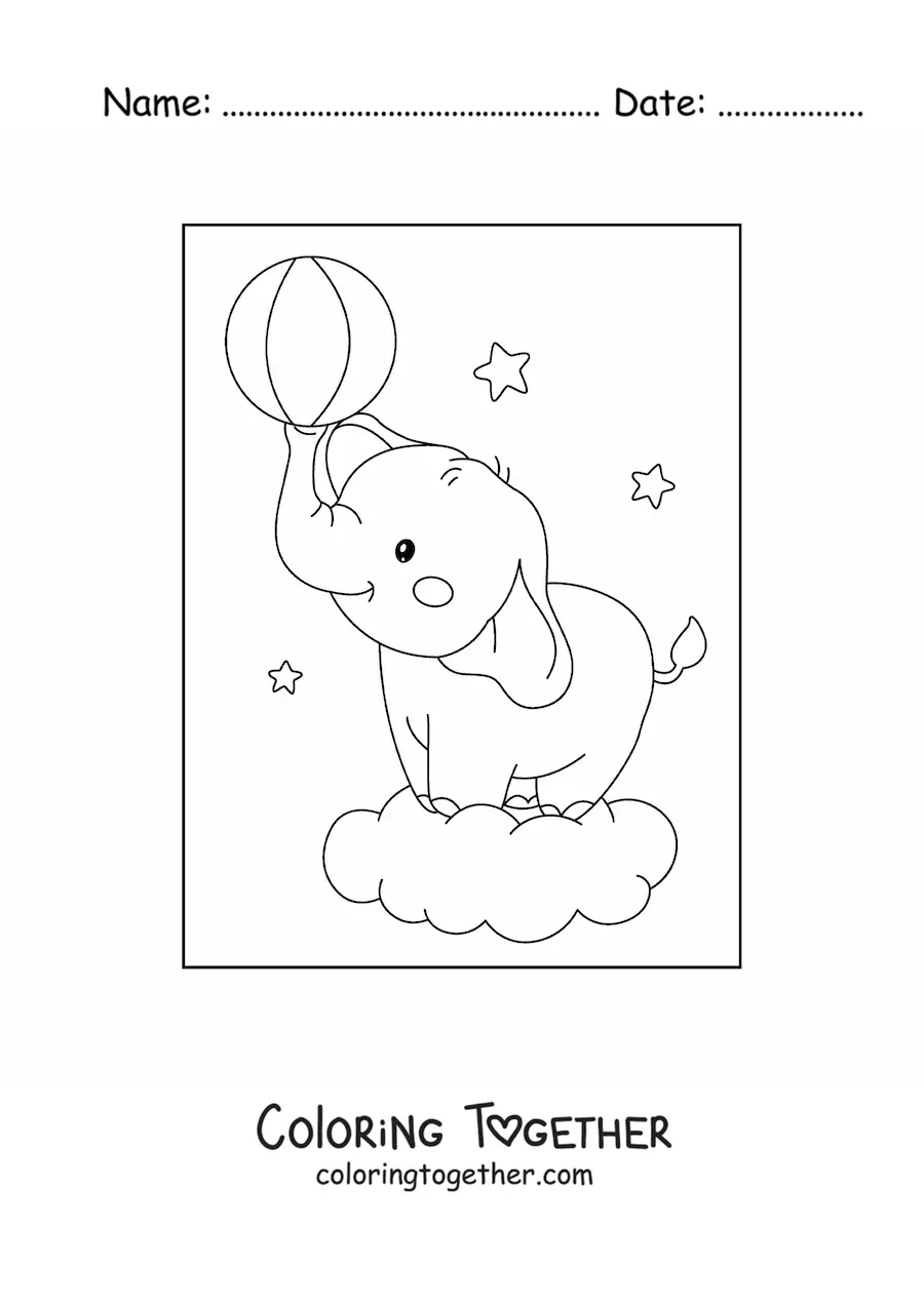 Coloring page of a kawaii baby elephant playing with a ball