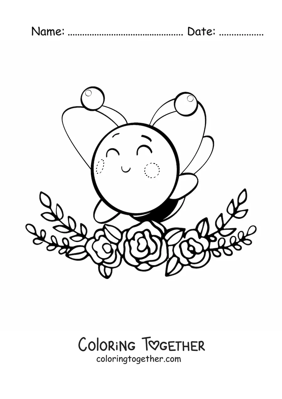 Coloring page of a big kawaii bee with flowers