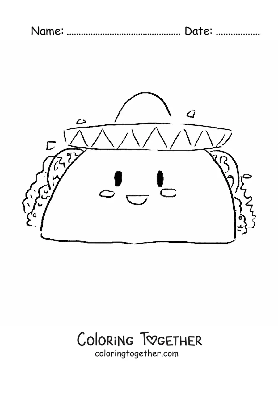 Coloring page of a kawaii taco with a Mexican hat