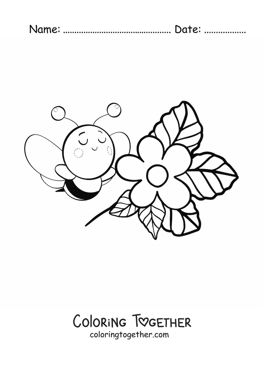 Coloring page of a kawaii bee with a flower
