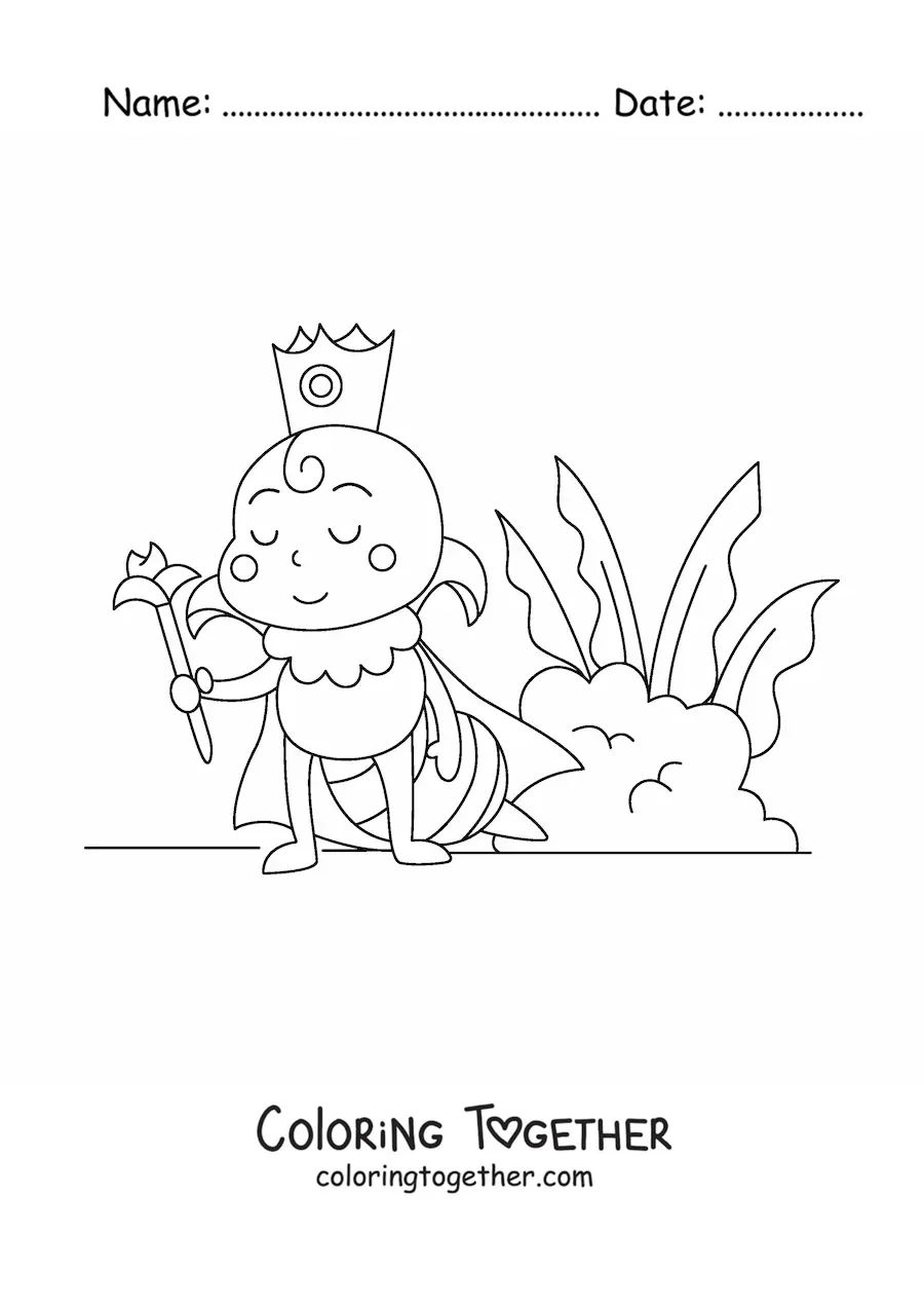 Coloring page of a cartoon queen bee