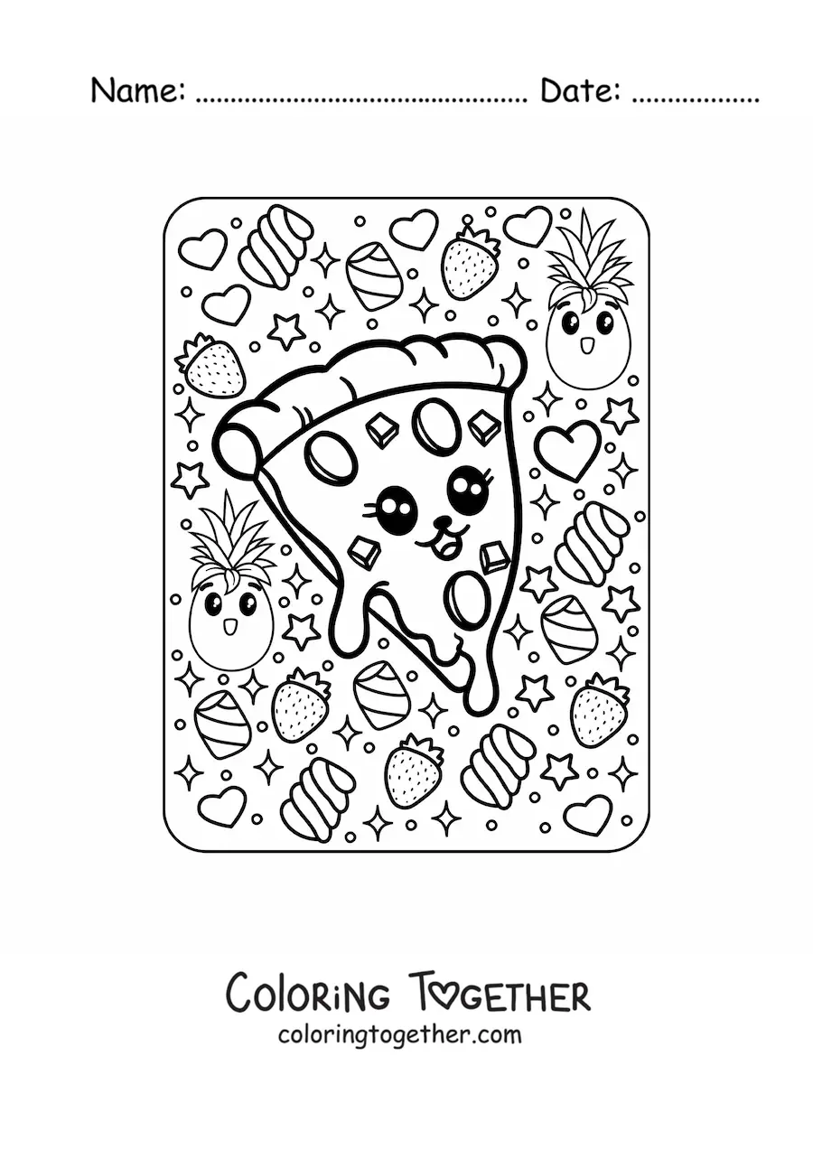 Coloring page of a kawaii pizza