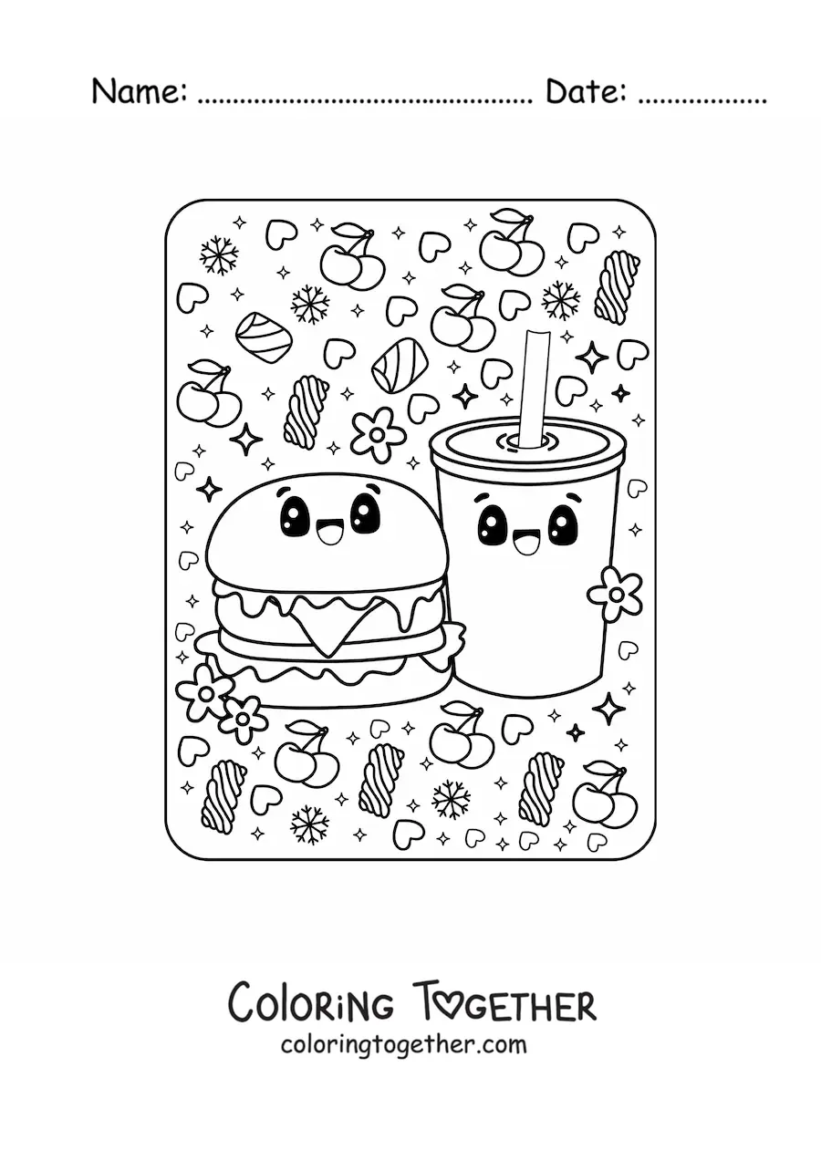 Coloring page of kawaii junk food
