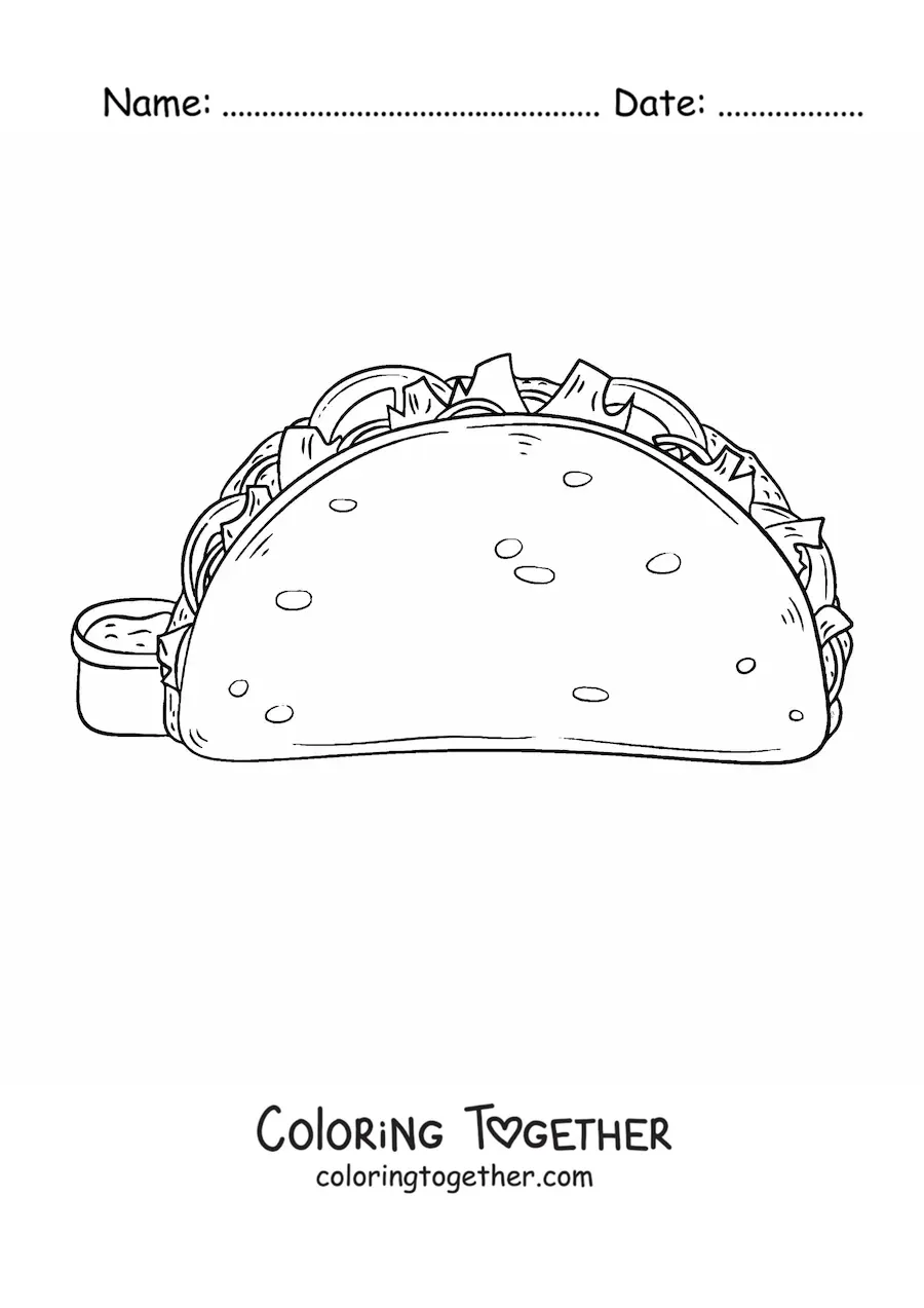 Coloring page of a taco with guacamole