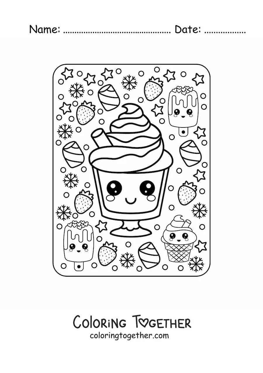 Coloring page of a kawaii ice cream sundae