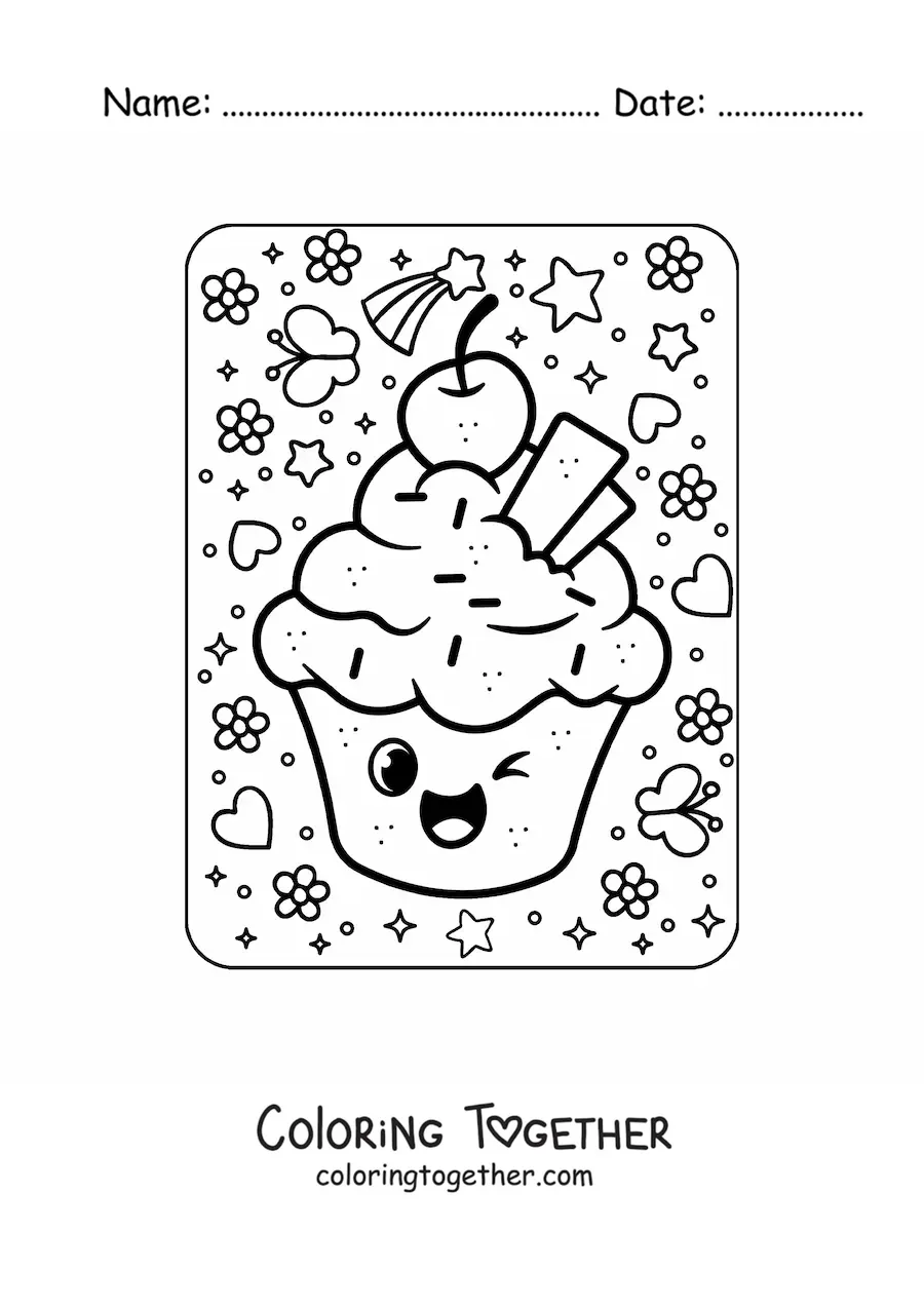 Coloring page of a kawaii cupcake