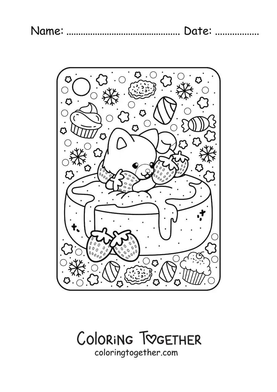 Coloring page of a strawberry cake with a kawaii dog