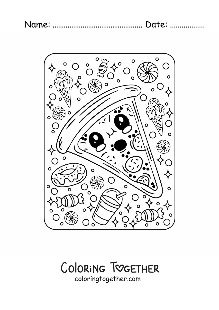 Coloring page of a kawaii pizza slice