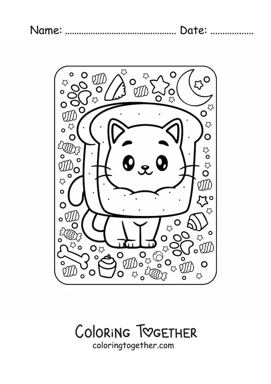 Coloring page of a kawaii cat with bread