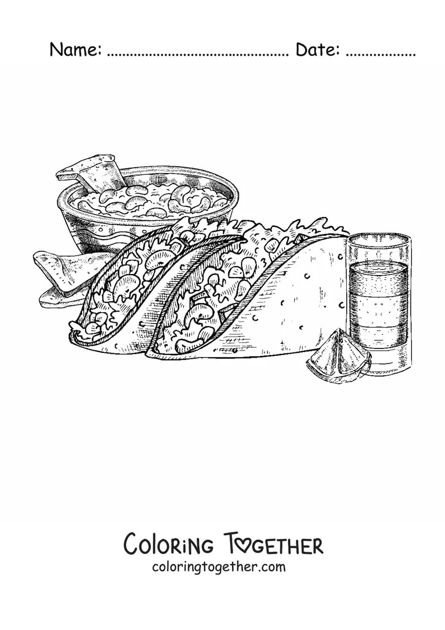 Coloring page of two tacos with a glass of tequila and nachos in the background