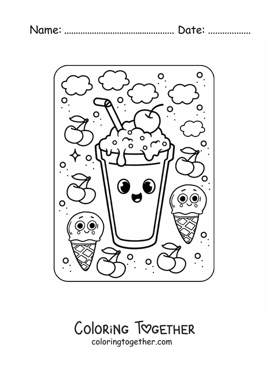 Coloring page of a kawaii iced drink
