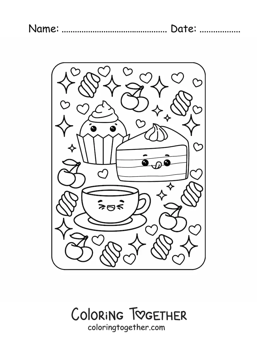 Coloring page of a kawaii cupcake and sweet cake with coffee