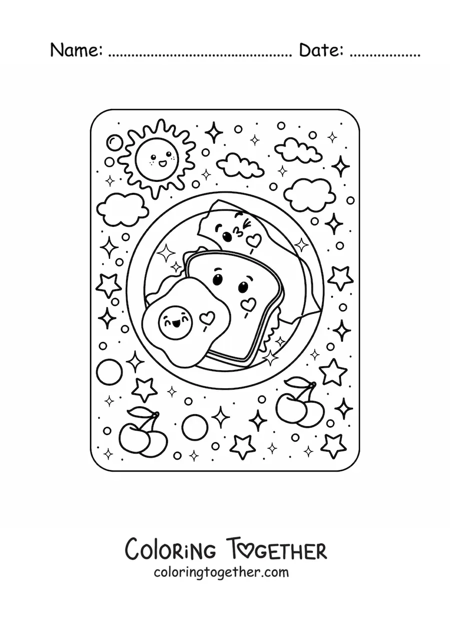 Coloring page of a kawaii sandwich breakfast with egg and bacon