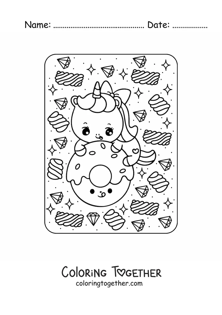 Coloring page of a kawaii unicorn with a donut