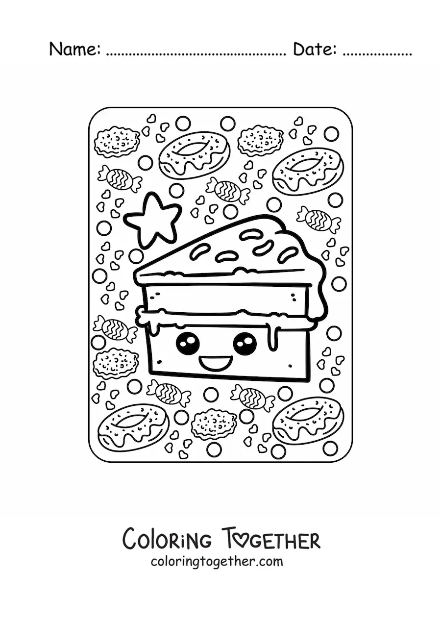 Coloring page of a big kawaii slice of cake