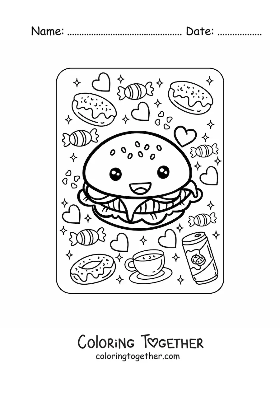 Coloring page of a big kawaii hamburger