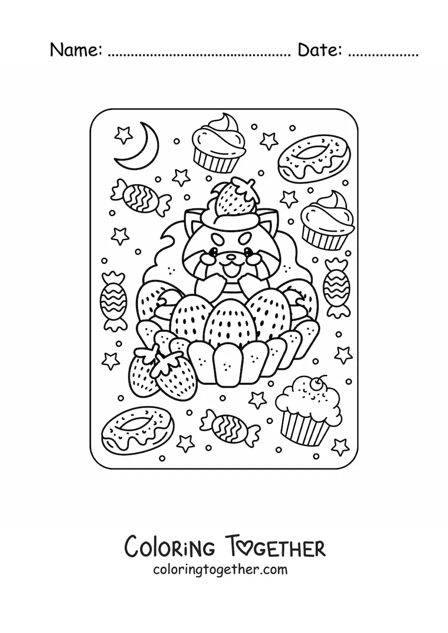 Coloring page of a red panda on a kawaii strawberry cake