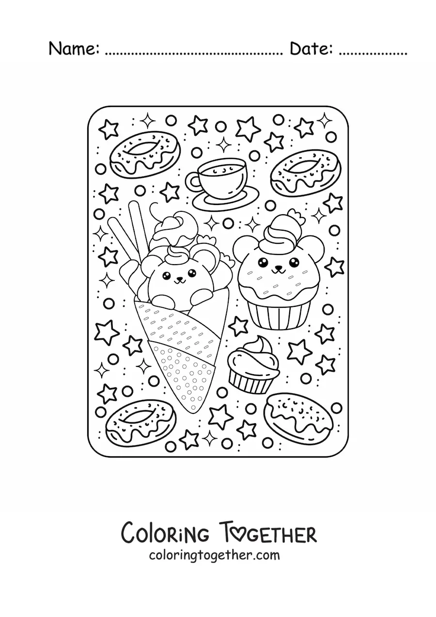 Coloring page of kawaii teddy bear ice cream and a cupcake