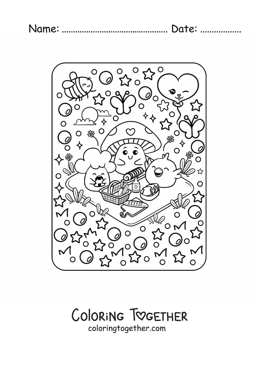 Coloring page of an animated mushroom and broccoli with a kawaii picnic chick
