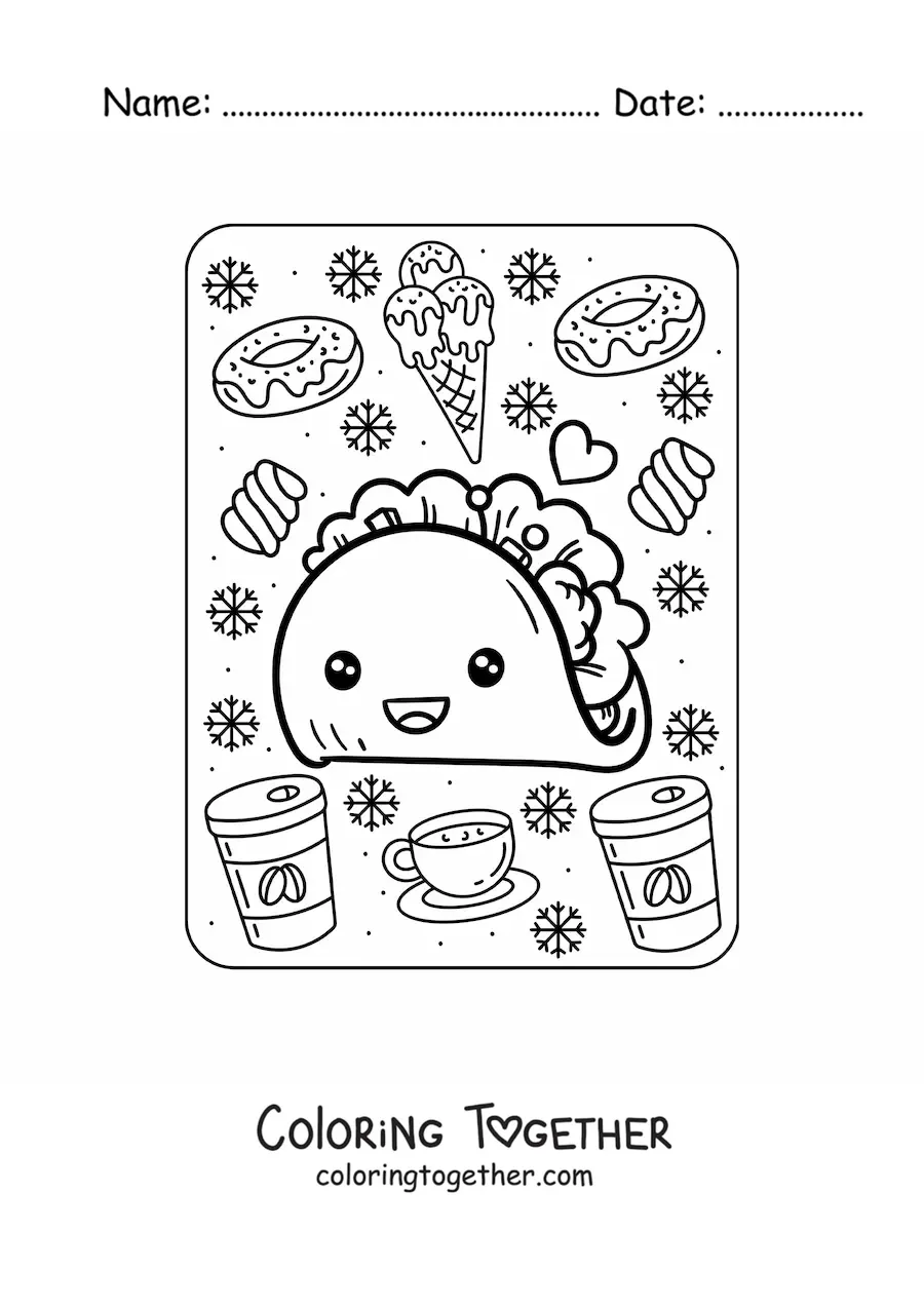 Coloring page of a big kawaii taco