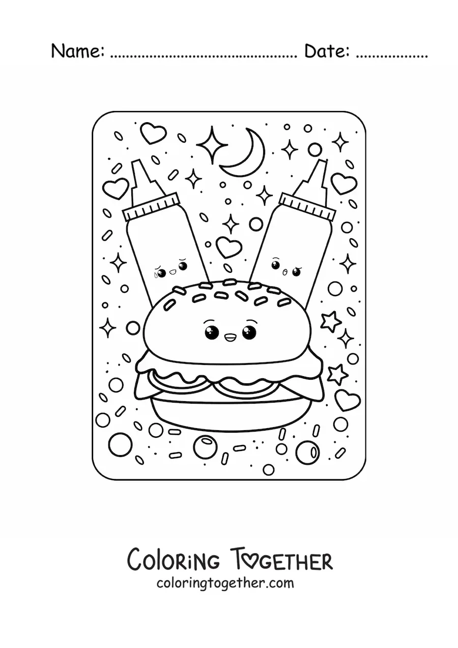 Coloring page of big kawaii sauces and a hamburger