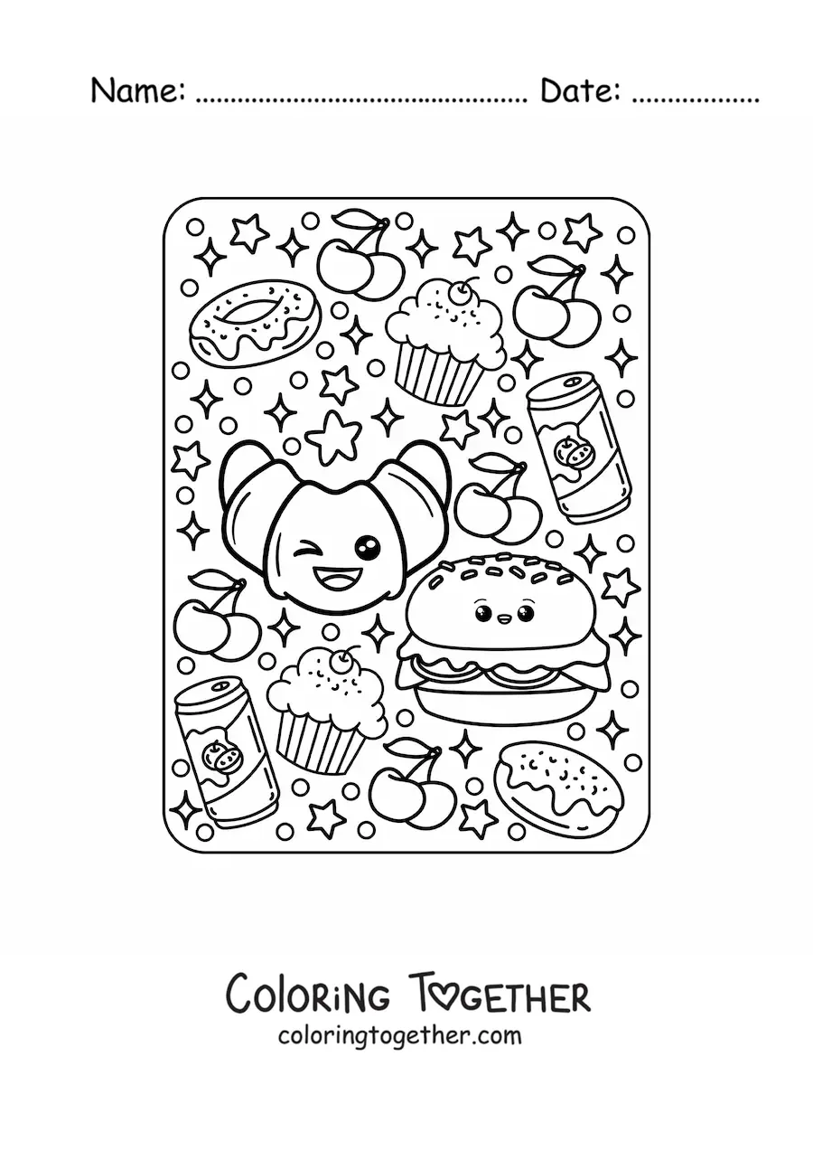 Coloring page of a big kawaii croissant and hamburger