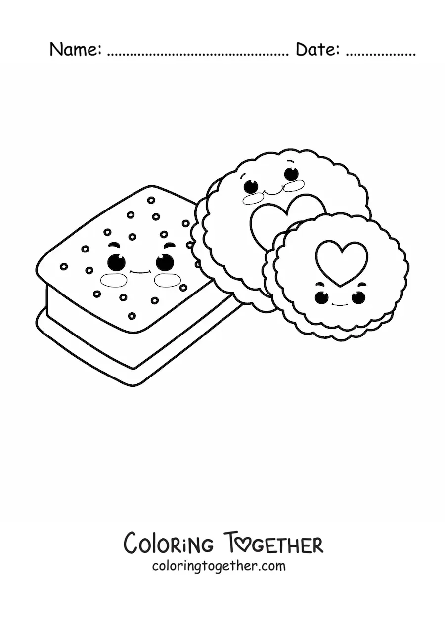 Coloring page of kawaii cookies and ice cream